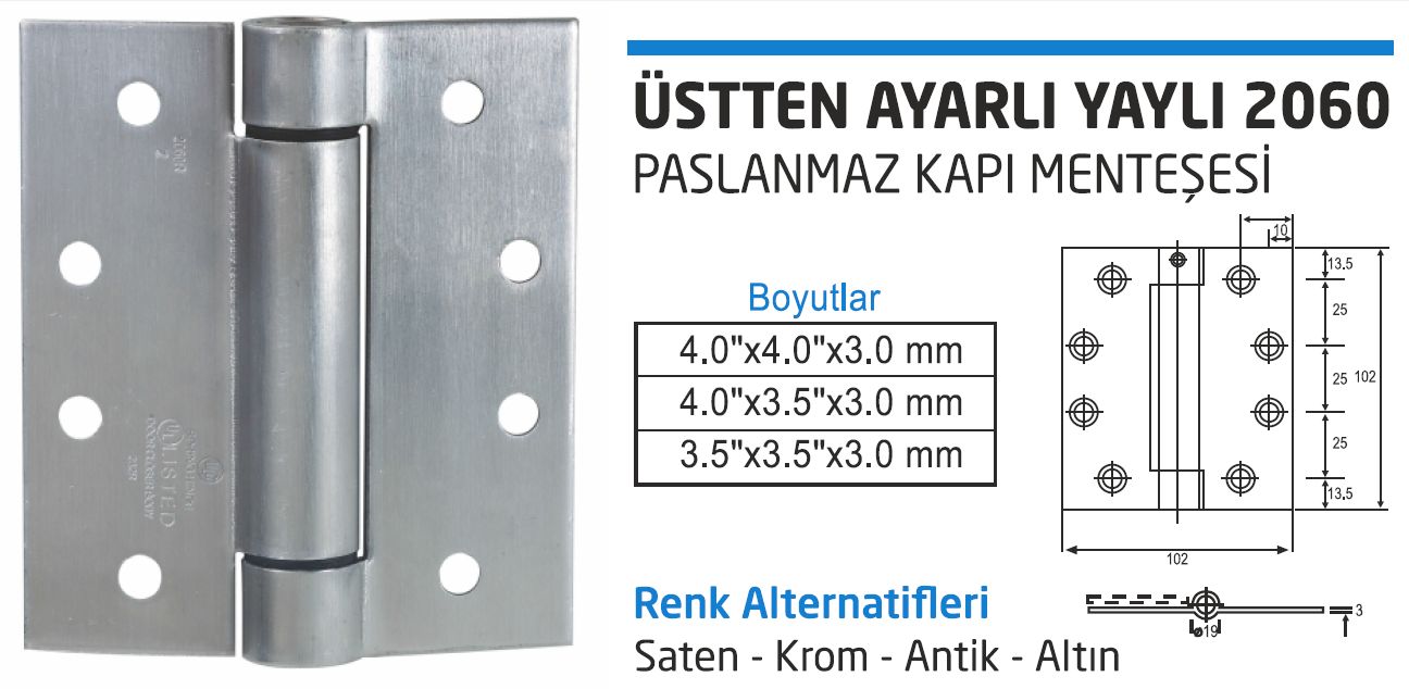 Üstten Ayarlı Yaylı 2060 Paslanmaz Kapı Menteşesi